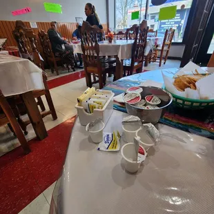a table with plates of food on it