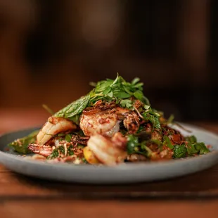 Herbaceous chili prawns.