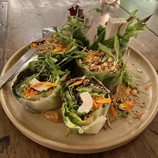 Fresh Green Spring Rolls with a delicious peanut sauce.