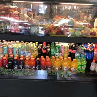 a display of various drinks