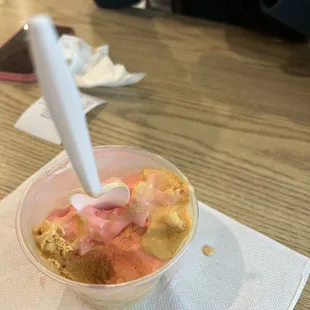 Pink is piñon (pine nut) And yellow is chongos zamoranos (think dulce de leche w different texture and a dash of cinnamon)