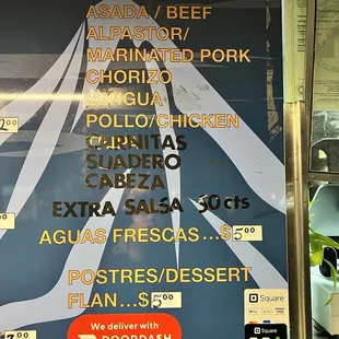 Menu for the meat choices