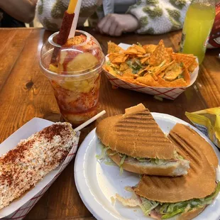 Torta de Jamon, Elote, Mangonada.. Dorilocos? (I forget the name of the taco salad dish)