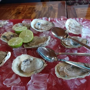 oysters on ice with lime wedges