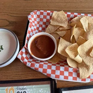 Chips, red and creamy jalapeño salsa