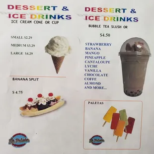 Drink and Desert Menu