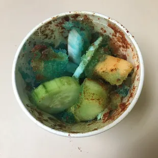 Med. Snowfruit (honeydew,,   , shaved   + shaved ice (1/2  1/2 flavors), chamoy (chile, lime, salt) gummi bear garnish