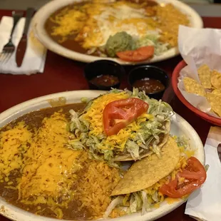 Enchilada , Bean Tostada , Beef Taco , Rice &amp; Beans/ Chile Relleno