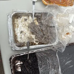 Chicken with sauce, carne asada, and Black beans (top to bottom) from catering