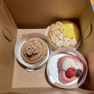 lemon meringue, raspberry tart, chestnut cake