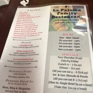 Listing of hours &amp; daily specials