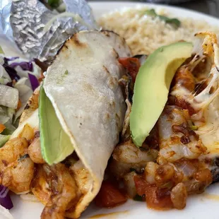 Tacos Gobernador with white rice and baked potato, $14.95, yummy yummy yummy