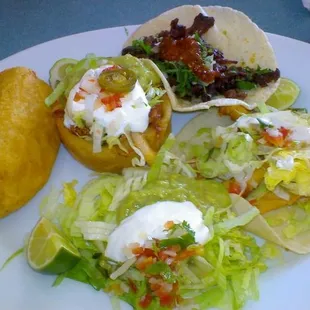 Fish taco, quesadilla, sope,  and Carne Asada taco