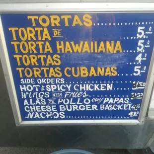Tortas &amp; side order menu