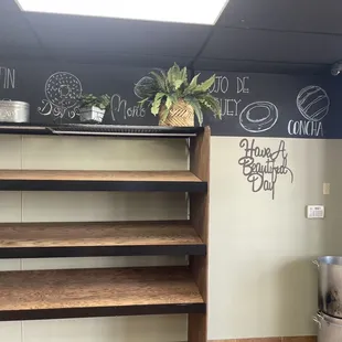 shelves and a chalkboard