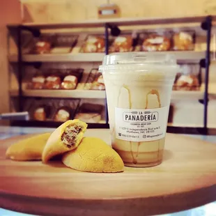 Beef empanada, iced coffee