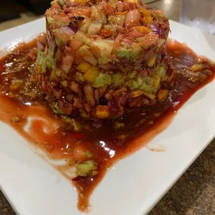 Seafood tower with red sauce