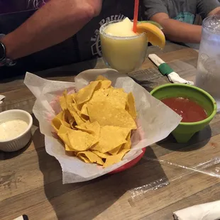Chips white dip and salsa
