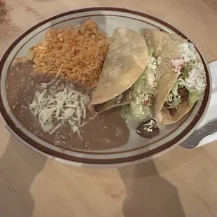 Combination plate with 2 crunchy carne asada tacos