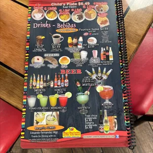 a menu for drinks and beverages