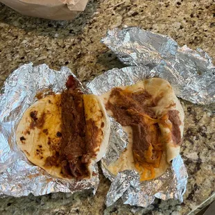 Not very filled tacos (chorizo and bean and bacon and bean &amp; cheese)