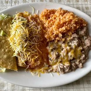 Combo #1 - taco, tamale, taquito with rice and beans