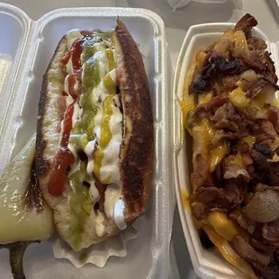 Chihuahua hotdog, bacon cheese fries