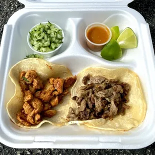 Two Tacos (Pollo &amp; Asada) with Onions, Cilantro, Lime Wedges and Hot Sauce - Mmm!