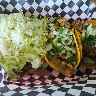 Asada sope, pollo asado taco, and carnitas taco.