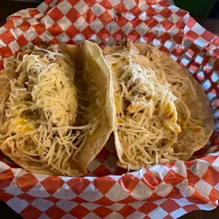 Breakfast shredded asadero sausage egg and cheese 2 Tacos