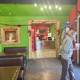 The cheery color scheme extends inside the cafe.