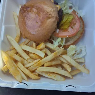 Burger with cheese and fries