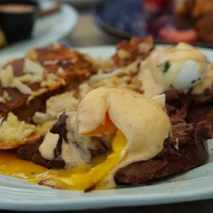 Brasato Benedict - menu said red beets but we didn&apos;t see this? Also IG posts (which I saw after my experience) showed a pretty pink sauce