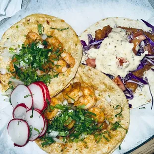 Shrimp tacos and a fish taco