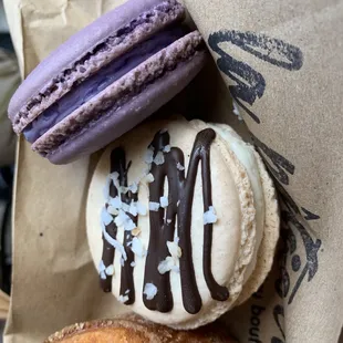 kouign amann, almond joy macaroon and lavender macaroon.
