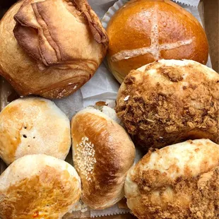 Chocolate Croissant, custard bun, Shredded Pork Bun, Hopia Baboy, Ube Hopia, Red Bean Hopia