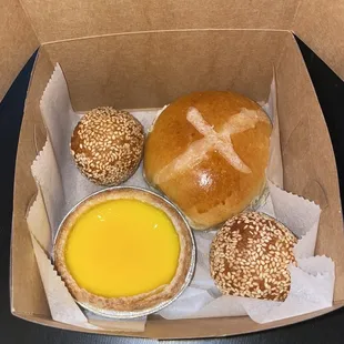 Buchi (Sesame Balls) , Custard Bun, egg Custard Tart