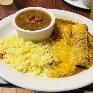 Beef and Cheese Enchiladas with rice and beans