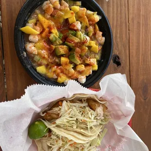 Mango Habanero Ceviche and one fish and one shrimp taco.
