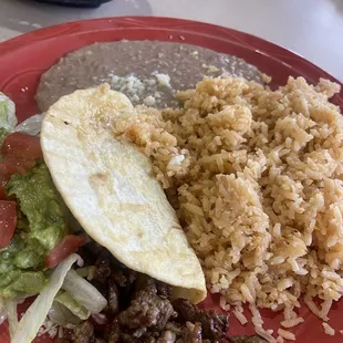 Chalupa with steak, additional $2 for steak on the Saturday lunch menu. Rice &amp; beans were super good