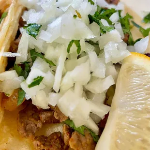 a close up of a taco with onions, meat, and cheese