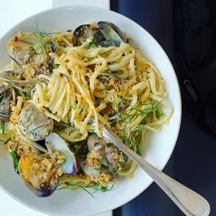 Linguine with manila clams, chili &amp; lemon breadcrumbs.