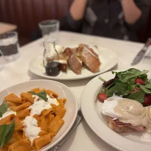 rigatoni, french toast, cacio e pepe eggs benedict