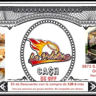 $5 OFF con la compra de $20.00 ó más. Un cupón por persona y/o grupo familiar. No canjeable por dinero