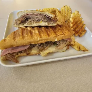 Cubano Sandwich and Waffle Fries