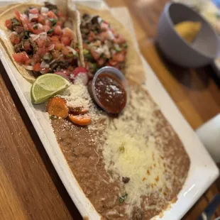 Steak tacos &amp; refried beans