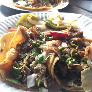 The best carnitas tacos I've had in a while man! The intestine one on the right was delish too.