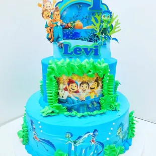 a three tiered cake decorated with blue fondant