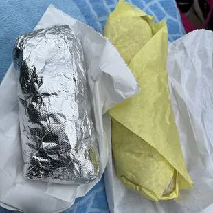 La Perla Steak and Eggs with potatoes cheese and double guac in the foil on the left. (Los dos on the right, same ingredients)