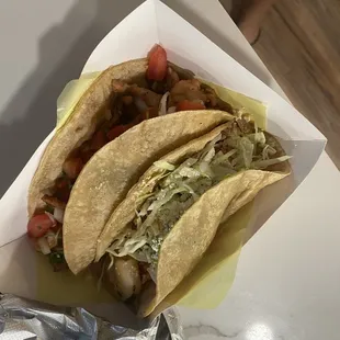 Left to right - Pollo Asado Taco, Shrimp Taco